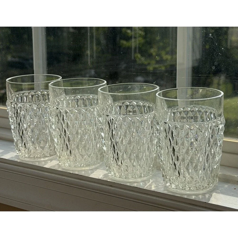VTG Indiana Glass Diamond Point Clear Flat Tumblers 4 5/8” Set of 4 10 Oz Juice